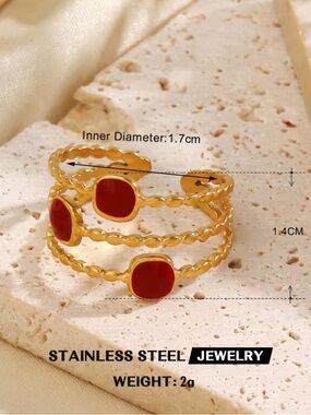 Gold Stainless Steel Women’s Open Ring with Red Stones
